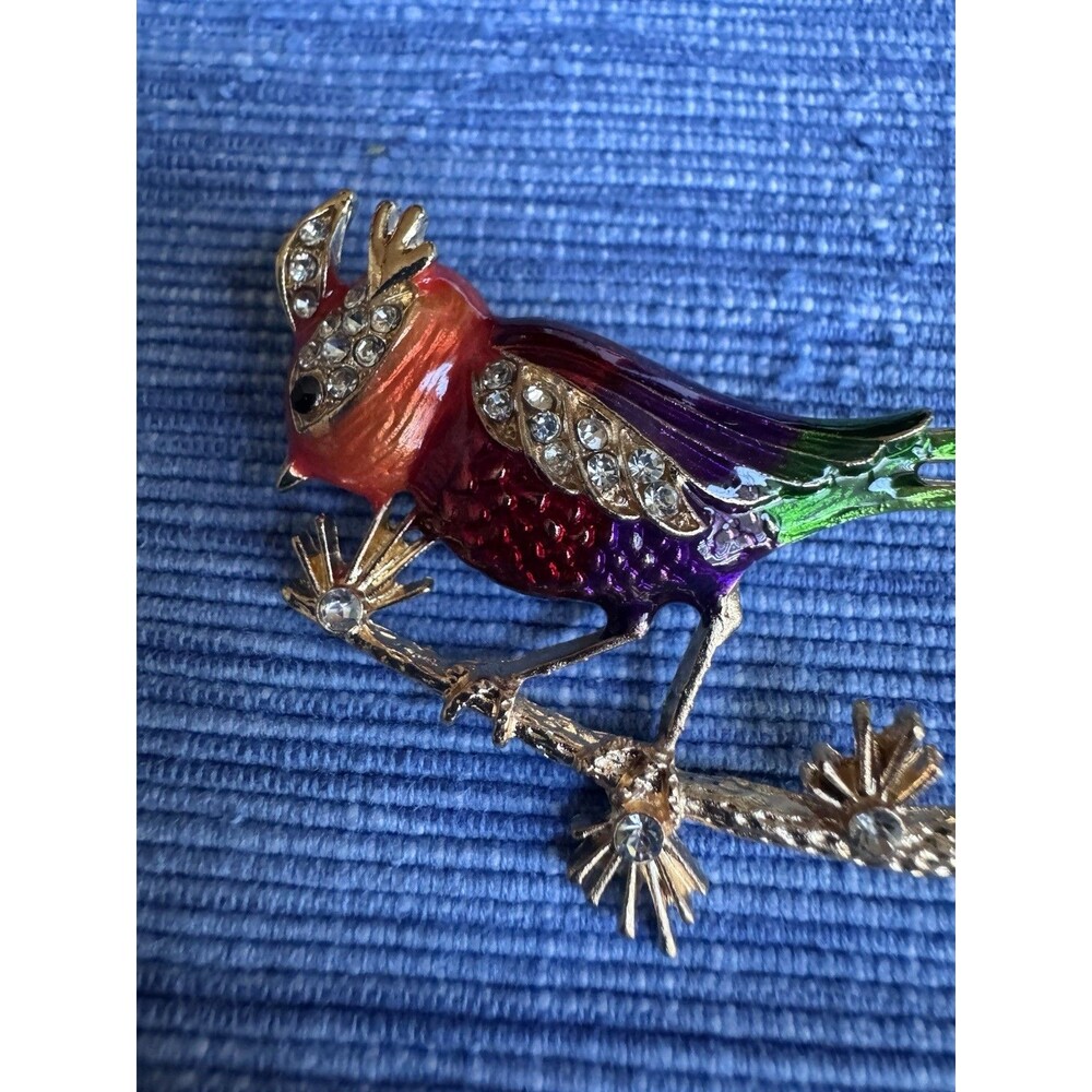 Vintage Style Tropical Bird Brooch Pin Rainbow Enamel Rhinestone Crystal Gold